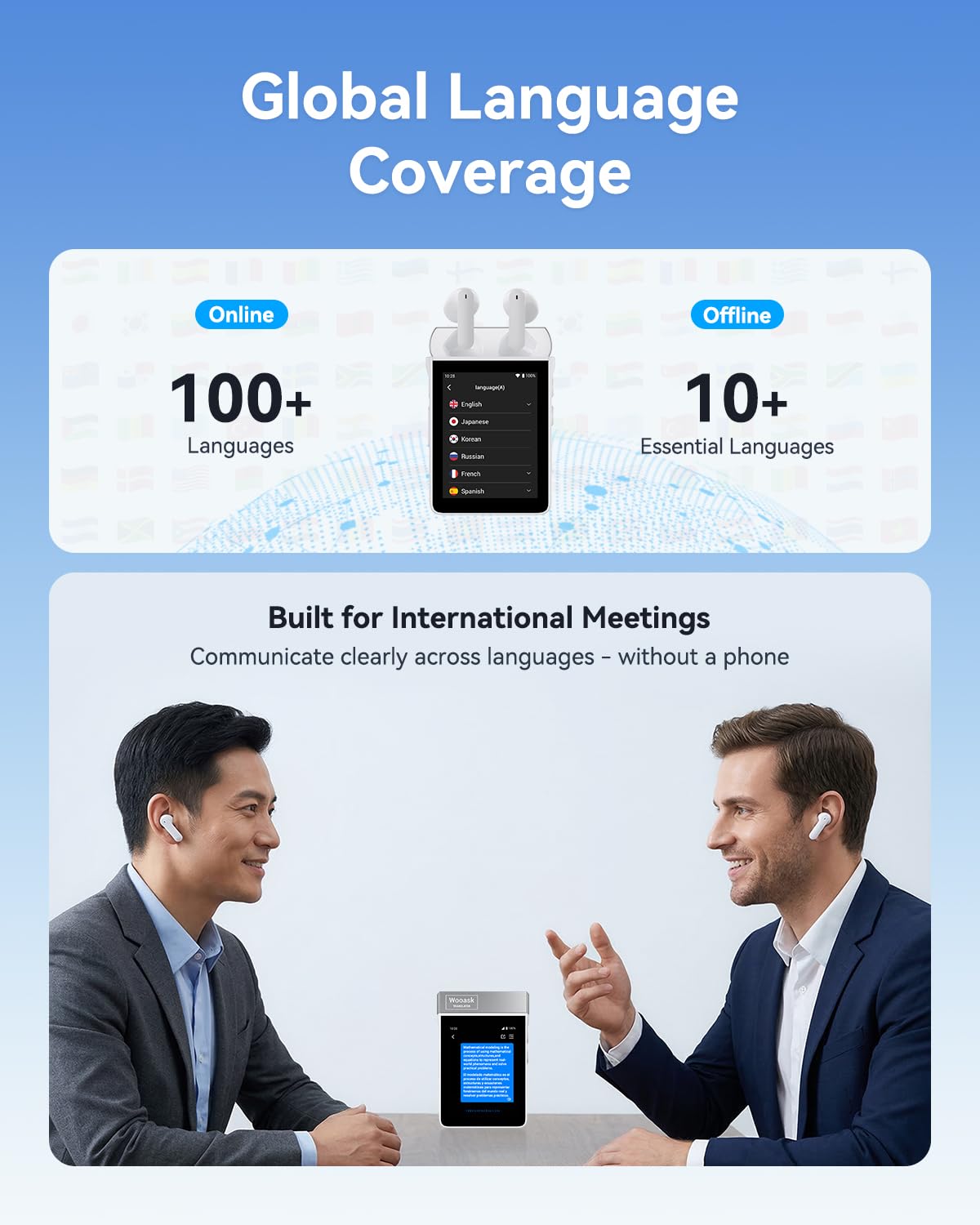 Wooask A9S AI Translator Earbuds with Screen & Offline Translation Support